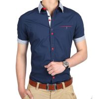 Men Shirts Short Sleeve Men Fashion Patchwork Casual Slim Fit Men inchs Social Shirts dark blue L