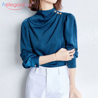 Aelegantmis Rivet Chiffon Blouse Shirt Women 2021 Office Lady Soft Elegant Female Button Satin Shirt Korean Chic Blouses Tops OL