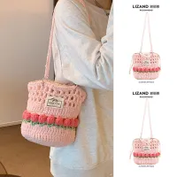 Summer pink childrens cute bucket bag for women 2023 new single shoulder handmade woolen hollow woven bag 【JYUE】