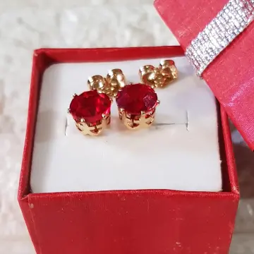 Ruby Earrings - 10ct Yellow Gold Natural Ruby Circle Stud Earrings - 7
