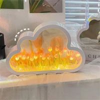 DIY Cloud Tulip LED Night Light Girl Bedroom Ornaments Creative Photo Frame Mirror Table Lamps Bedside Handmade Birthday Gifts Phone Camera Flash Ligh