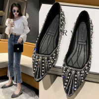 Womens Flat Shoes Crystal Leather Pointed Toe Lazy Ballet Flats Ladies Commute to Work Black Shoes