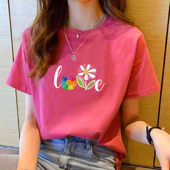 เสื้อยาวสีขาวสำหรับผู้หญิงคอกลมแขนสั้นพิมพ์ลายเสื้อทรงหลวมสำหรับฤดูร้อน