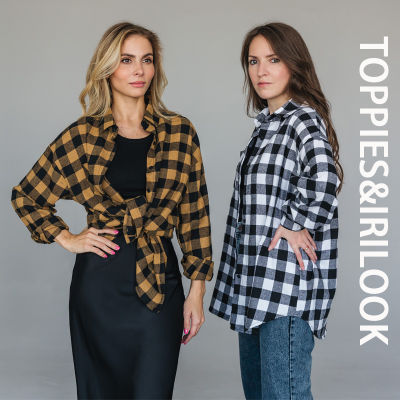 Toppies 2022 Vintage Checked Plaid Shirt Cotton Blouse Womens Long Sleeve Casual Loose Tops Front Pocket