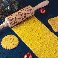 2022 Halloween Wood Carving Pressed Roller Cartoon Ghost Pumpkin Fondant Cookie Dough Printed Rolling Pin Home DIY Baking Tools Bread  Cake Cookie Acc