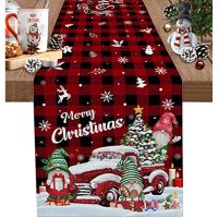 Merry Christmas Table Runner for Seasonal Party and Restaurant Decoration Snowmobile Black Red Plaid Print Table Runner