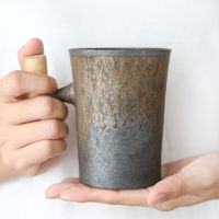 Ceramic Coffee Tea Cups Tumbler Rust Japanese Style Vintage Office Home Milk Juice Mugs with Spoon Wood Handle Kitchen Drinkware