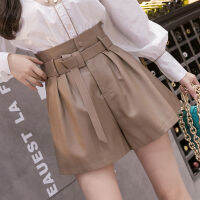 Autumn Winter Korean high waist loose PU leather shorts pleated with belt short mini leather short trousers fashion