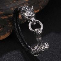New Stainless Steel Wolf Head Norse Viking Amulet Thor Hammer Men Leather Bracelet Punk Vintage Male Wristband Jewelry PD1088