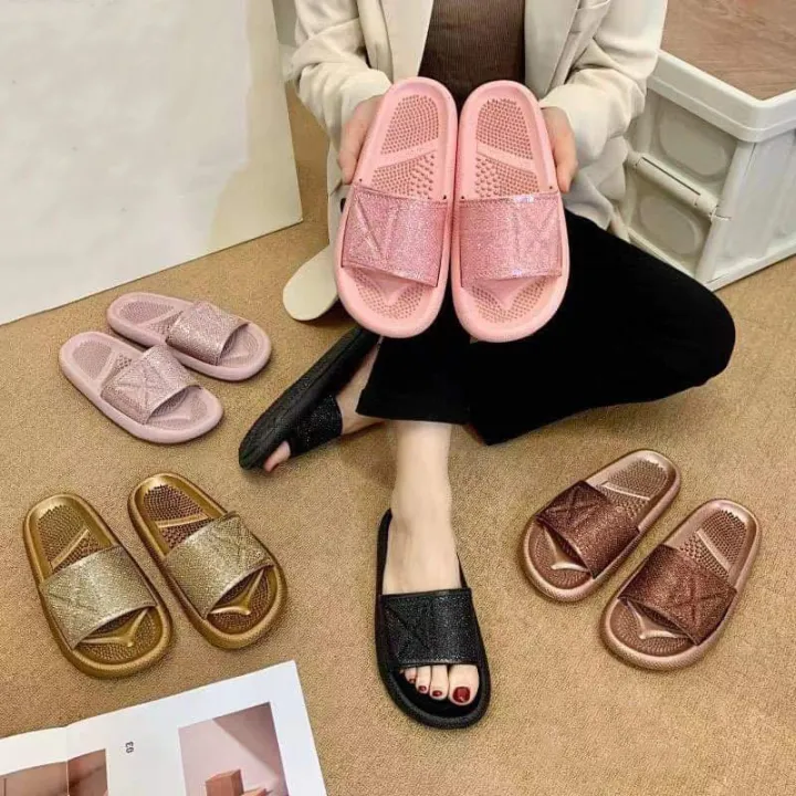 [AO] One Strap Metallic Massage Slides Indoor Slippers for Women