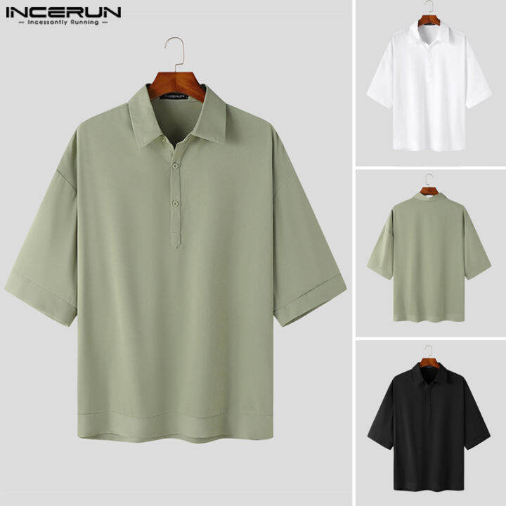 incerun-เสื้อผู้ชายมีปกเสื้อเชิ้ตทางการกระดุมแขนสั้นเฮนลี่ย์เสื้อหนาเสื้อยืด-สไตล์เกาหลี