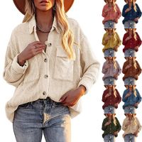 2022 autumn and winter new womens solid color loose corduroy lapel double pocket long-sleeved shirt coat ❤