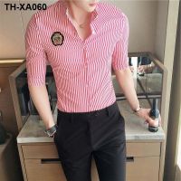 Mens short sleeve collar 2023 male han edition tide handsome new striped 7 minutes of