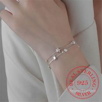 Real 925 Sterling Silver Bracelets for Women Girl Accessories Trendy Elegant Double Layer Link Chain Star Bead Party Jewelry