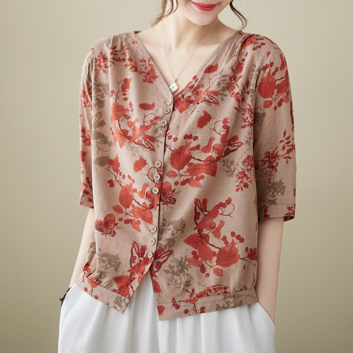 whitetime-เสื้อพิมพ์ลายเสื้อคอวีแนวย้อนยุคของผู้หญิง-เสื้อคาร์ดิแกนแขนสั้นบางกลาง301t1714ฤดูร้อน