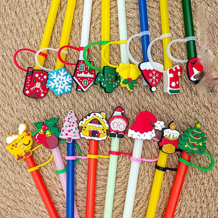 Christmas Series Silicone Straw , Reusable Dustproof Cute Straw