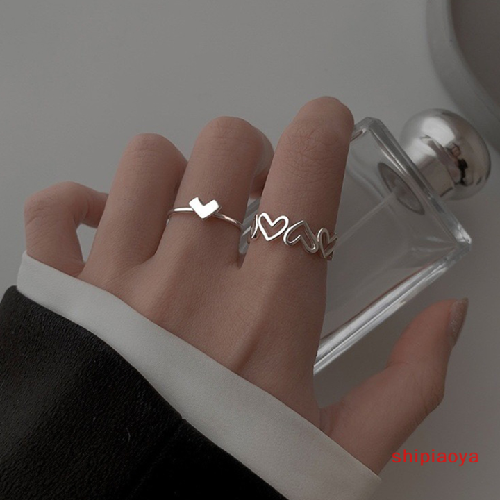 shipiaoya-แหวนแฟชั่นรูปหัวใจกลวงมี2ชิ้น-แหวนทรงเรขาคณิตบุคลิกภาพแหวนเปิดเฉพาะแหวนใส่นิ้วดัชนีเฉพาะเครื่องประดับแฟชั่นของขวัญ