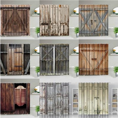 【CW】✺  Wood Doors Shower Curtain Set Rustic Old Barn door Fabric Curtains Farmhouse Screens