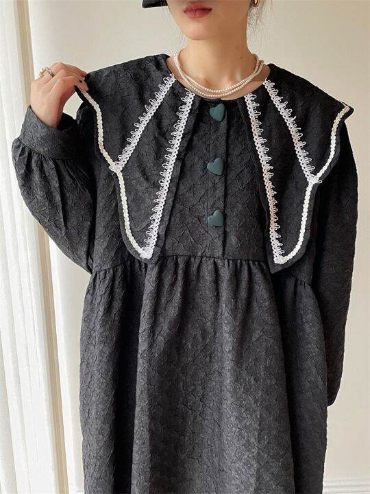 xitao-dress-loose-contrast-color-splicing-peter-pan-collar-long-sleeve-dress