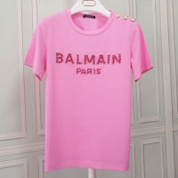 ใหม่เดิม Balmain∮ ปารีสเล็บทำด้วยมือของผู้หญิงการฝึกซ้อมและตะเข็บเพชรสีชมพูและสีแดงเสื้อยืดผ้าฝ้ายแท้ตรงคอกลมแขนสั้นเสื้อยืดแฟชั่นและอเนกประสงค์แขนสั้นเสื้อยืดด้านบน