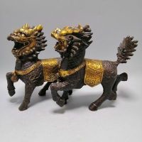 เครื่องประดับ Qilin ทองแดงบริสุทธิ์คู่ของบทความทองแดงโบราณสำหรับให้ของขวัญไฟ Qilin เครื่องประดับสำหรับของตกแต่งบ้าน