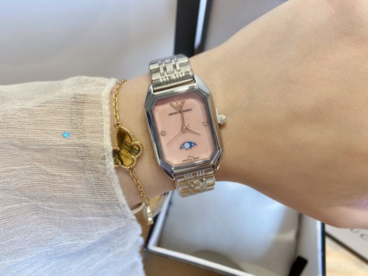 armani-นาฬิกาผู้หญิง-นาฬิกาควอตซ์สเตนเลสสตีลสีเงินคุณภาพสูงนาฬิกาหน้าปัดสี่เหลี่ยมหรูหราสำหรับผู้หญิง