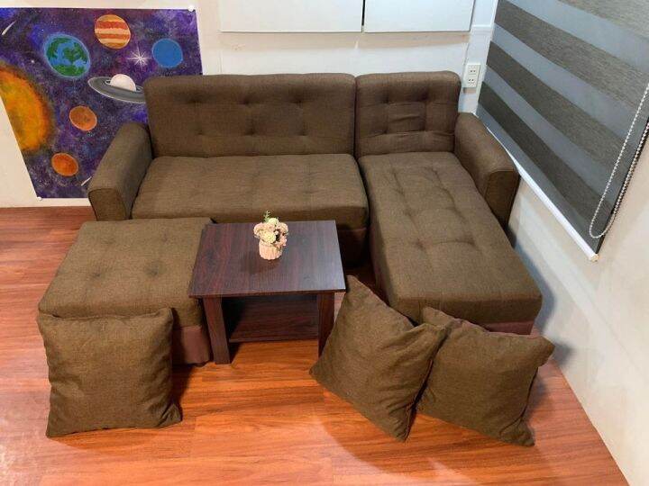 sala set L shape brown fabric sofa with center table uratex foam cod only !!! Lazada PH