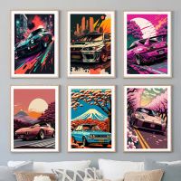 โปสเตอร์ผ้าใบ Cyberpunk 911 JDM Super Car: Aesthetic GTR Moon Art For Home &amp; Cafe Decor