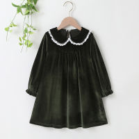 Autumn Winter 2021 New Girls Dress Long Sleeve er Pan Collar Lace Velvet Green Black Solid Cute Sweet Baby Vestidos 2-6T