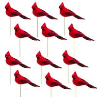 Practical 12Pcs On a Wooden Artificial Red Cardinals Christmas Ornaments Feathered Bird Xmas Tree Decoration Arts and Crafts