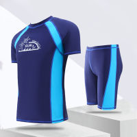 Mens Split Rash Guards Two-Piece Sets Summer Sunscreen Short-Sleeve Printing Surfing Snorkeling Suit Warm Swimsuit Beachwear