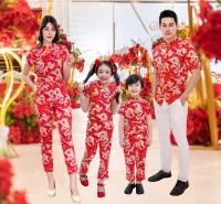 ชุดจีน เสื้อและกางเกง เสื้อคอจีน  Chinese Beijing : Red dragon สีแดง ขลิบทอง ชุดจีนแม่ลูก ชุดจีนครอบครัว ชุดตรุษจีน