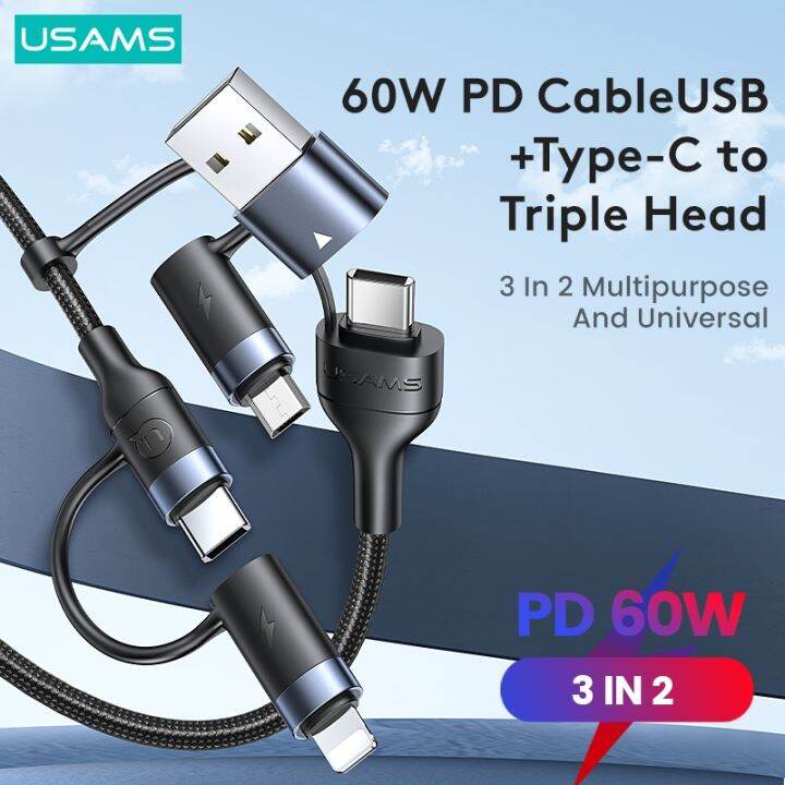 usams-u62-pd-60w-3-in-2สายเคเบิลข้อมูลสายชาร์จเร็ว-type-c-ที่ชาร์จพร้อมหัวแปลง-usb-สำหรับ-iphone-ipad-macbook-huawei-xiaomi-samsung