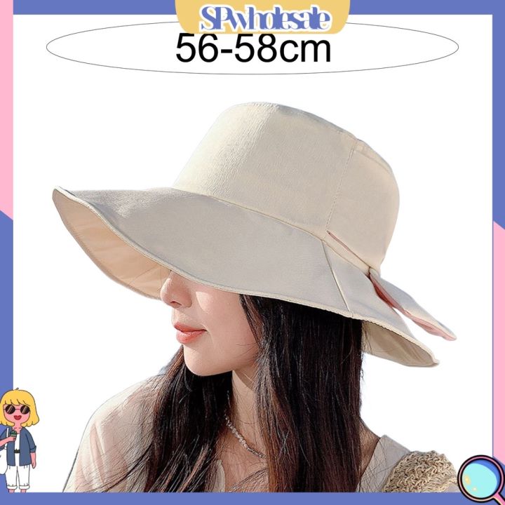 swpl-หมวกบักเก็ต-ประดับโบว์-ระบายอากาศ-ป้องกันรังสียูวี-สีพื้น-สําหรับผู้หญิง-5211042