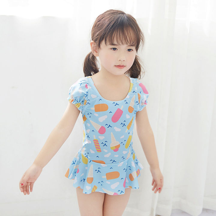 New Model 1-10 Years Girls One Piece Swimsuit Light Blue with Ice Cream ...