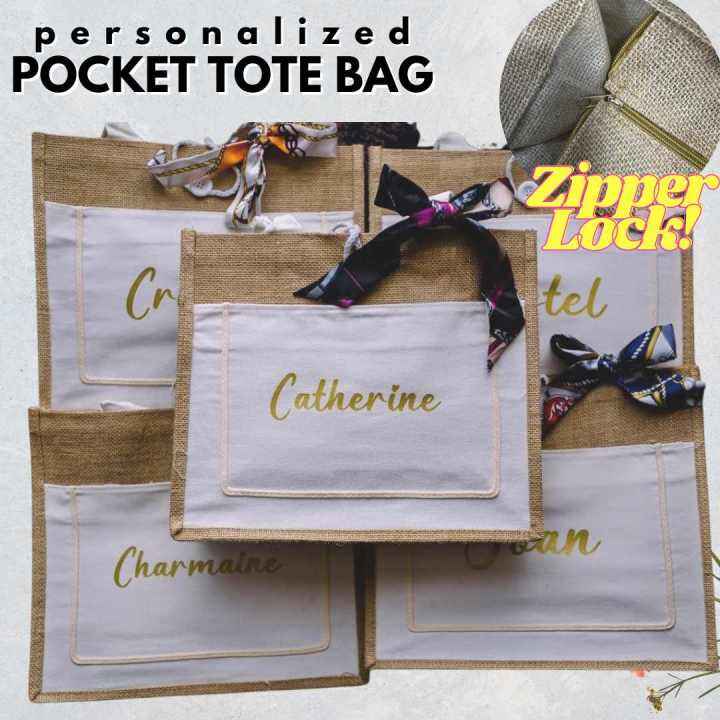 Personalized Book Tote Bag with POCKET Abaca Burlap Jute Bag and zipper