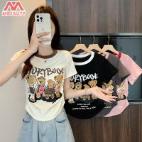 MBeauty เสื้อยืดแขนสั้นผู้หญิง,เสื้อกระชับสัดส่วนเปิดไหล่ด้านหน้าพิมพ์ลายการ์ตูน