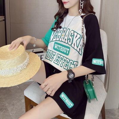 [Spot] summer short-sleeved shirt shorts two-piece suit loose fresh sports style T-shirt suit female fashion 2023