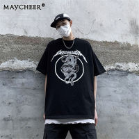 MAYCHEER เสื้อยืดแขนสั้นรอบคอหลวมพิมพ์ลายงูคู่แนวไฮสตรีทย้อนยุคเสื้อสำหรับนักเรียนชายและหญิง