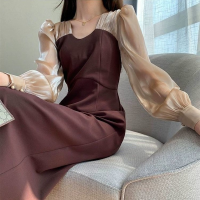 เกาหลีแฟชั่น Elegant ตาข่าย Patchwork แขนยาวสูงเอว Slim A-Line Robe 2022ฤดูร้อนใหม่ A-Line Midi Vestidos Mujer