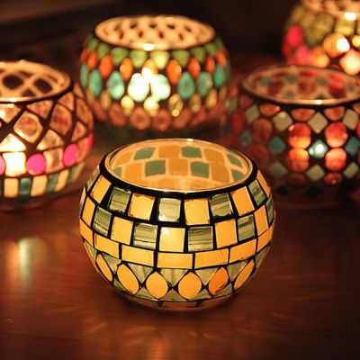 Moroccan Mosaic Glass Candle Holder Romantic Candlelight Dinner Candlestick Home Tabletop Decoration