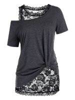 ROSEGAL T-Shirt And Lace Tank Top Twinset Female Summer Fashion Skew Neck Knotted Short Sleeve Tee,See Thru Vest Blouse Set 5XL