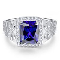 925 Sterling Silver Square Sapphire Blue Zircon Grain Relief Mens Ring for Wedding Engagement Jewelry