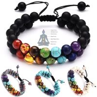 7 Chakra 8mm Natural Stone Bracelet Double Woven Rope Chain Yoga Healing Balance Bracelet for Men Women Jewelry Adjustable Charms and Charm Bracelet