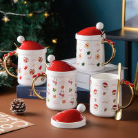 Christmas Gift Ceramic Cup Creative Christmas Hat Mug Household Water Cup with Lid Breakfast Milk Cup Whey Protein Powder Cup