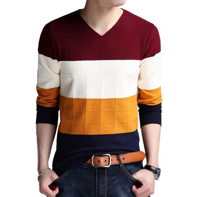 HOT11★BROWON Brand-sweater Autumn Mens Long Sleeve Slim Sweaters New V-neck Fit Sweater Striped Bottom Sweaters Large Size M-4XL