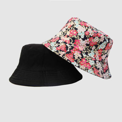 New Spring Day Cherry Blossoms Print Bucket Hats For Women Japanese Double-Sided Pink Flowers Summer Cotton Panama Caps Sun Hat