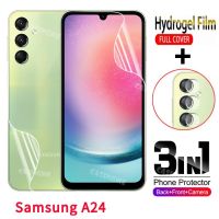 SamsungA24 3in 1ป้องกันหน้าจอแบบอ่อนไฮโดรเจลป้องกันกล้องมองหลังฟิล์มสำหรับ Samsung Samsung Galaxy A24 M14 A34 24 24A A54 5G 4G ไม่ใช่กระจกเทมเปอร์ปกป้องคลุมทั้งหมดด้านหน้าด้านหลัง