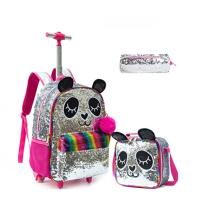 【LZ】▫❁  Crianças sacos de viagem 3 pçs saco de almoço caneta conjunto panda escola crianças rolando mochila para meninas com rodas trole mochilas rodas