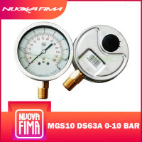 "NUOVA FIMA" PRESSURE GAUGE 2.5" 0-10 BAR (145PSI) | เกจวัดแรงดัน หน้าปัด 2.5" เกลียวทองเหลืองออกล่าง 1/4" NPT + น้ำมัน